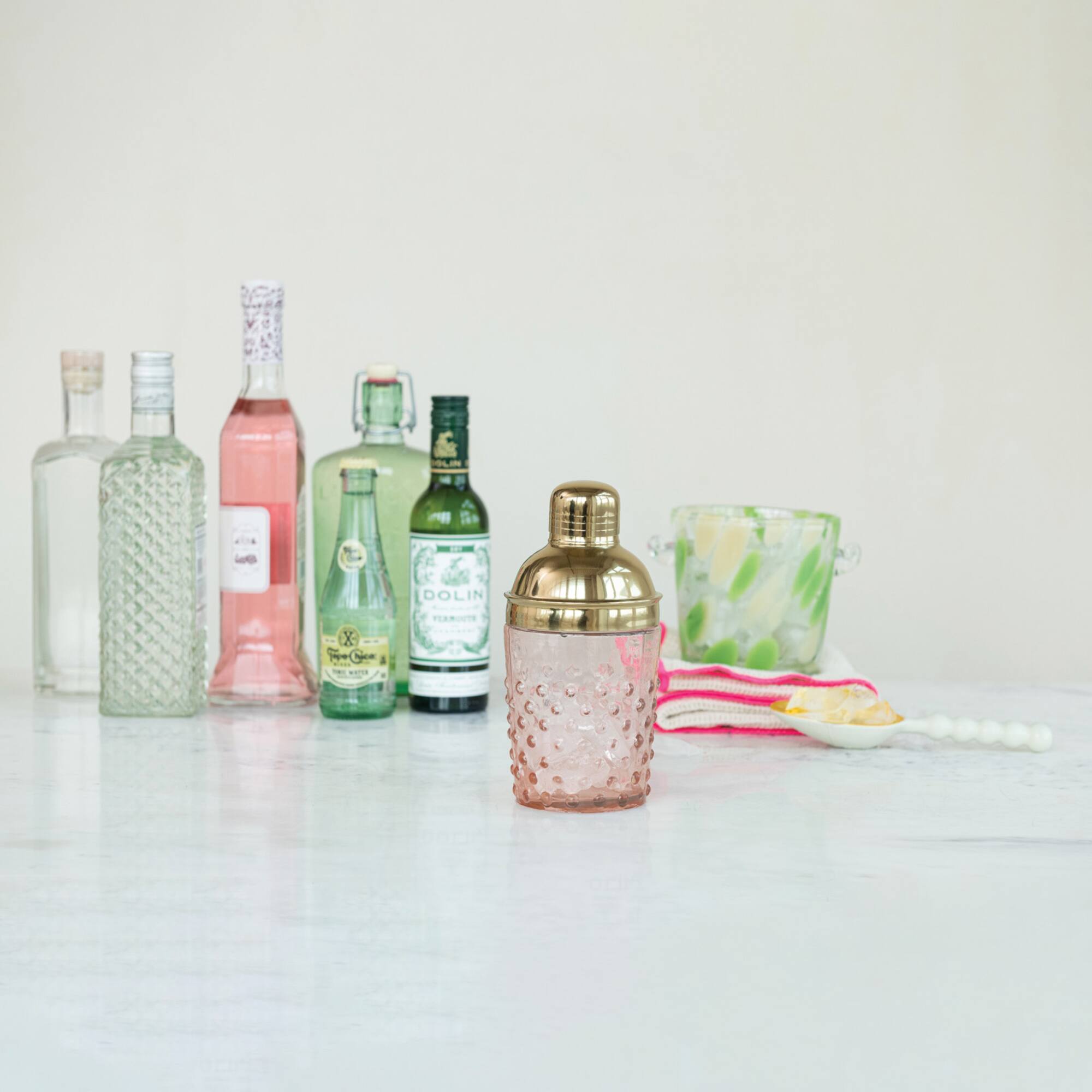 Hello Honey® Pink & Gold Hand-Blown Glass & Stainless Steel Hobnail Cocktail Shaker